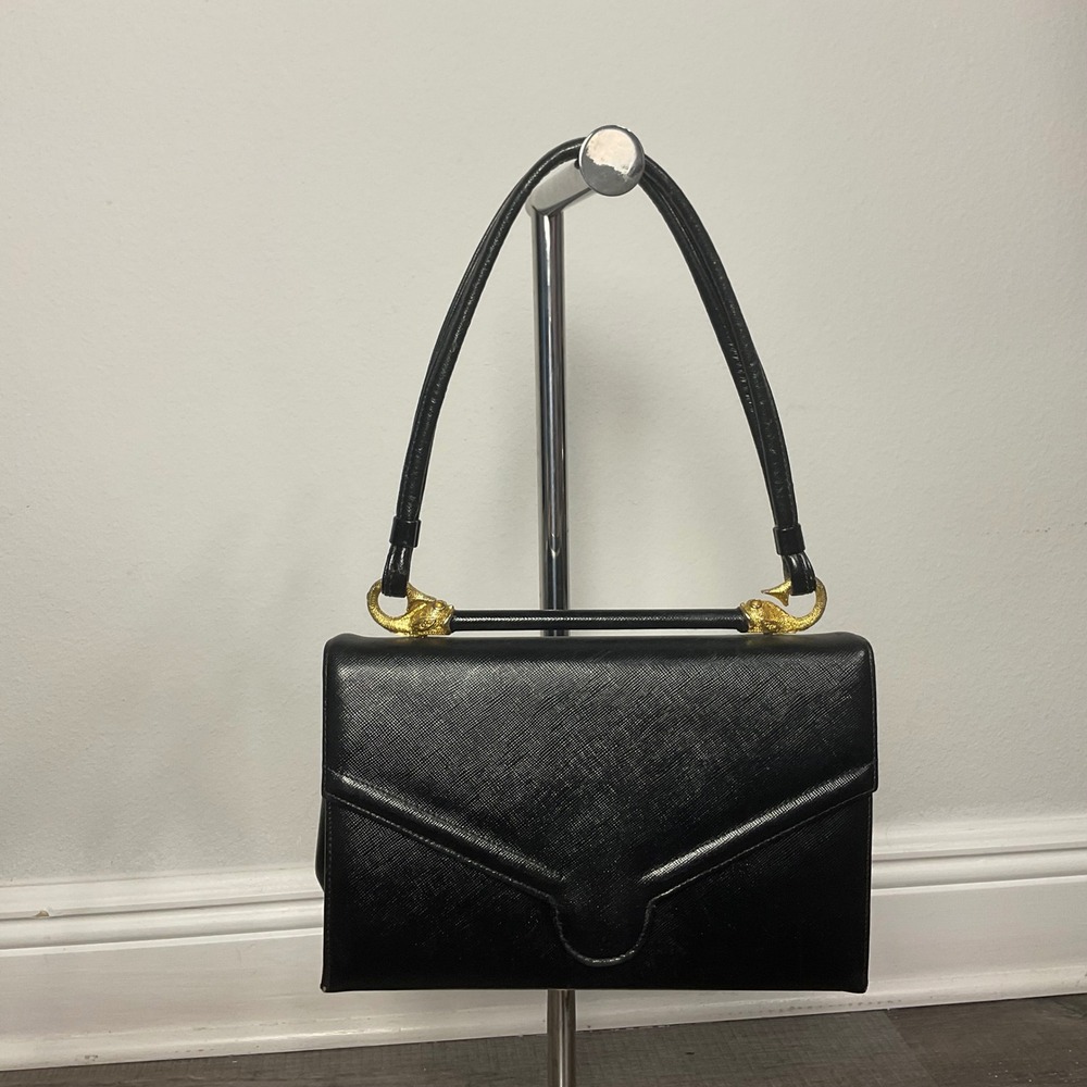 Vintage 1980s Black Leather Gold Fish Hardware eclectic evening shoulder bag